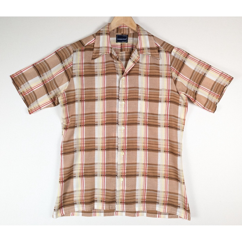 Career Club Shirt Men M 15-15.5 Brown Red Yellow Orange Plaid Thin Short Sleeve